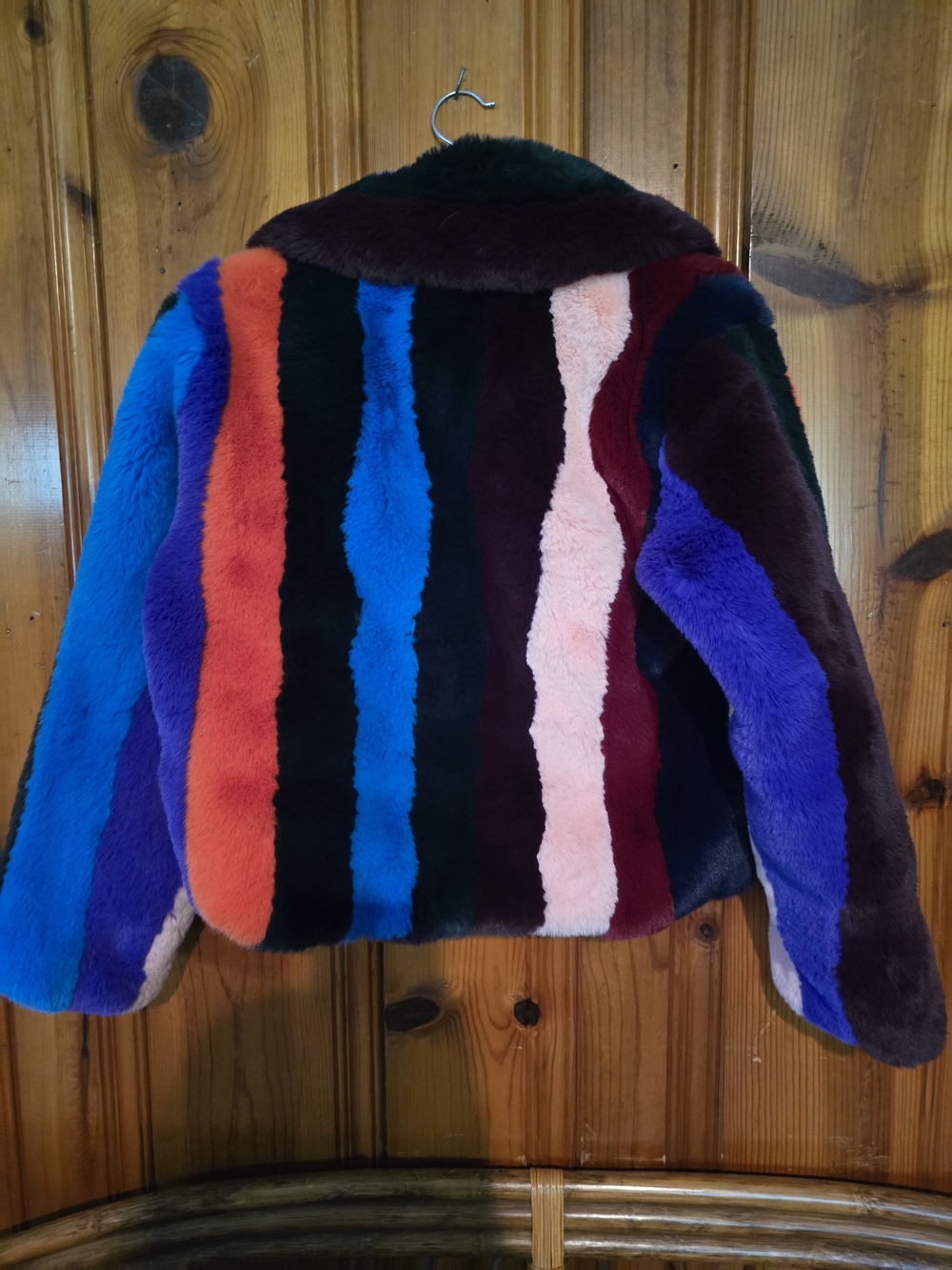 Multicolor Faux Fur Bomber Jacket - Women's Bold Stripe Coat - Picture 11 of 16